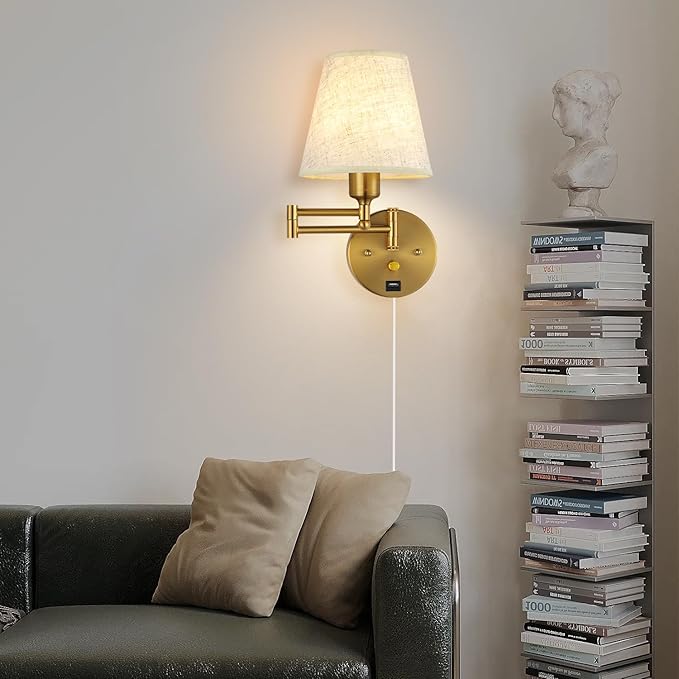 Bedside Wall Mount Light with Dimmable Switch and USB Port, Gold Swing Arm Fabric Shade Wall Sconce Light with Plug in Cord, Wall Lamp Perfect for Bedroom, Living Room and Hotel