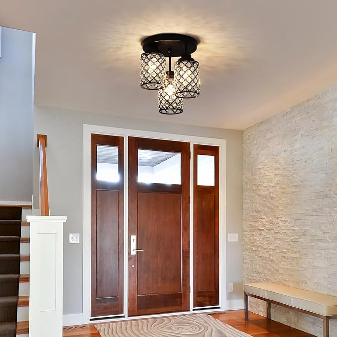 Semi Flush Mount Ceiling Light, 3-Light Close to Ceiling Light Fixtures with Crystal Metal Shade, Modern Crystal Chandelier for Bedroom Entryway Kitchen Hallway