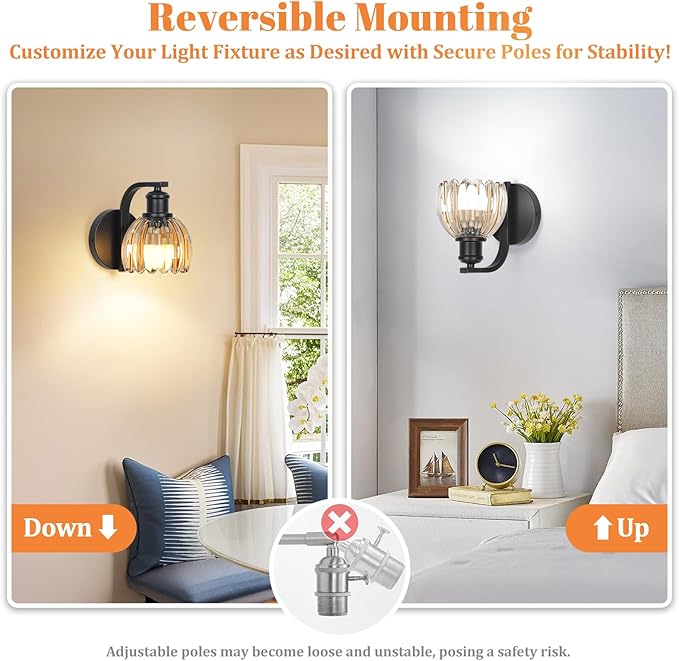 VerRon Rechargeable Battery Operated Wall Sconce with Amber Glass Lampshade, Wireless Wall Scone Decor with Remote Control, 15 Colors Black Wall Light for Bedside Hallway Bedroom Doorway