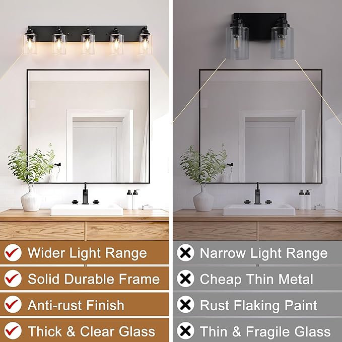 Black Bathroom Light Fixture, 5 Light Matte Black Vanity Light, 35.4" Modern Bathroom Lighting Fixtures Over Mirror, with Clear Glass Shade, Vanity Lights for Bathroom Bedroom Hallway