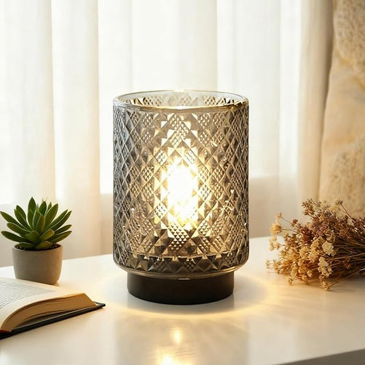 LUSHARBOR Battery Operated Lamp with Timer, Small Decorative Table Lamp Ambient, Glass Cordless Lamps Bedside Battery Powered Lamp for Bookshelf, Entryway Diamond Design-Grey