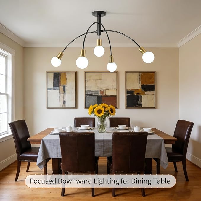Mid Century Semi Flush Mount Dining Room Ceiling Light Fixture,Modern 5 Light Gold and Black Sputnik Kitchen Island Chandelier for Living Room Bedroom