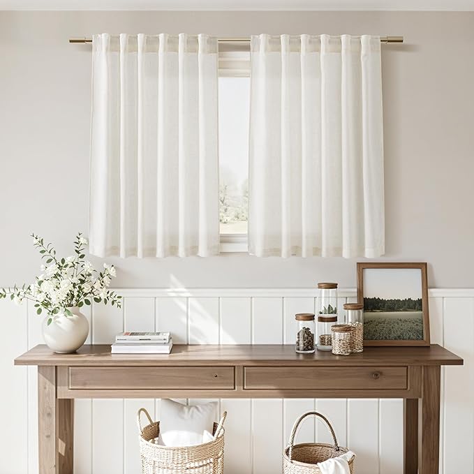 Nanspring Short Linen Kitchen Window Curtains 36 Inch Length, Over Sink Modern Neutral Cream Semi Sheer Back Tab and Rod Pocket Drapes for Basement Bathroom Curtains, 2 Panels, 34 x 36 Inch