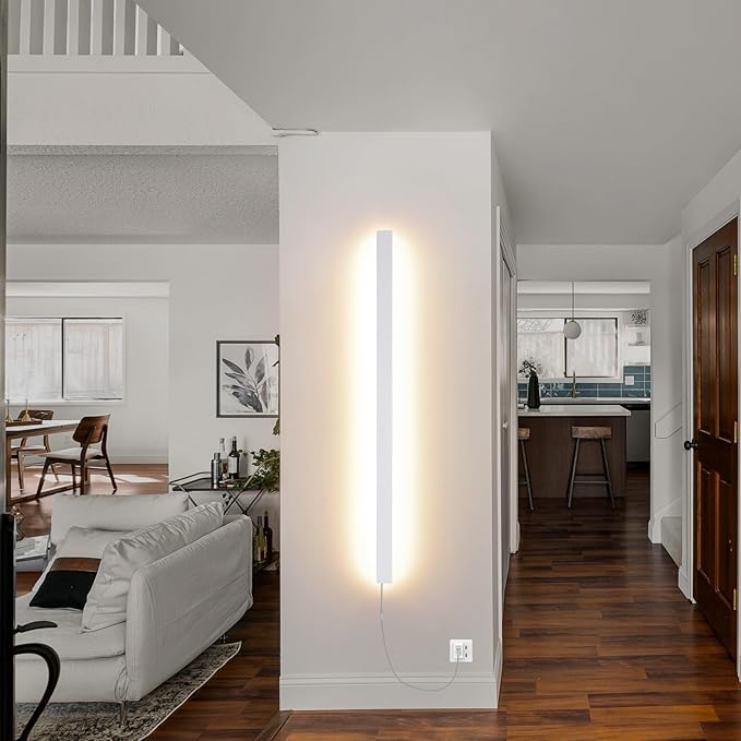 KELUOLY Modern Plug in Long Wall Sconce, 39.3" White Matte LED Wall Lights, 20W Warm White 3000K Acrylic Indoor Wall lamp, with 59" Plug Cable for Bedroom, Living Room, Hallway