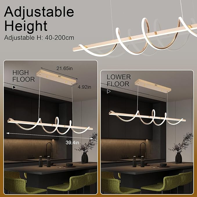 Led Pendant Light for Kitchen Island Lighting Dimmable 47.20" Twist Design Modern Led Chandelier 3000K-6500K