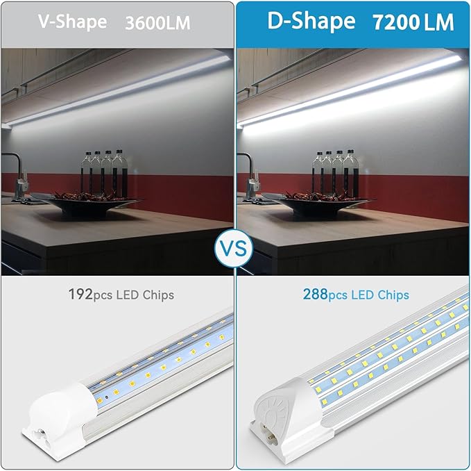 SHOPLED 4FT LED Shop Light, (6 Pack) 48W 6000K D-Shape, 7200LM Super Bright, T8 LED Tube Lights, High Output, Linkable Shop Lights with Plug for Workshop, Garage, Basement, ETL Listed