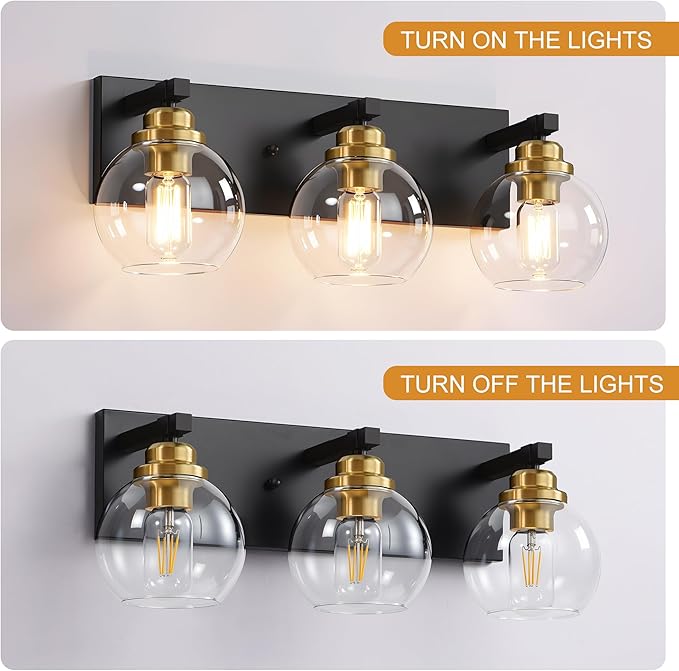 3-Light Bathroom Vanity Light Fixture Over Mirror, Bathroom Light Fixutre Matte Black & Gold Finish with Globle Clear Glass E26 Base Bulbs Not Included for Bathroom, Hallway, Bedroom, Living room