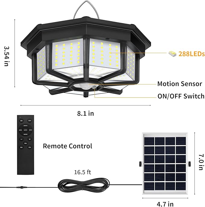 Solar Shed Lights Indoor Outdoor, Aqonsie 288LED Solar Powered Motion Sensor Pendant Light Daytime Available, Solar Indoor Light with 5 Lighting Modes & Remote for Shed Gazebo Barn Garage Home, 2 Pack