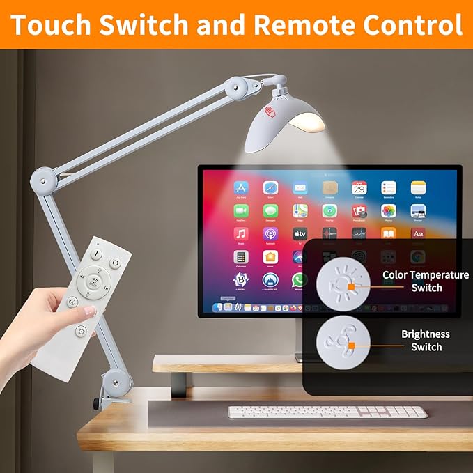 48W Eye-Caring LED Clip On Desk Lamp, 2700K/4200K/5600K with Remote, Curved Design for Focused Lighting, CRI 95+ for Nail, Crafting, Painting, Hobby & Computer