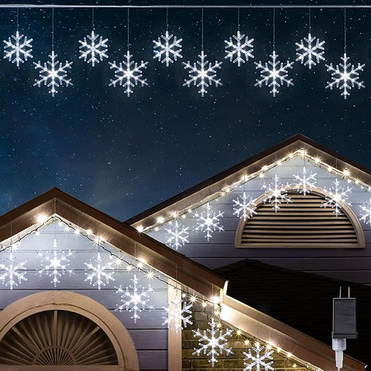 Christmas Snowflake Lights with 10 Drops, 9ft 150 LED Twinkling Cool White Icicle Christmas Lights, Waterproof Connectable Hanging for Indoor Outdoor Eaves Window Curtain Porch Xmas Décoration