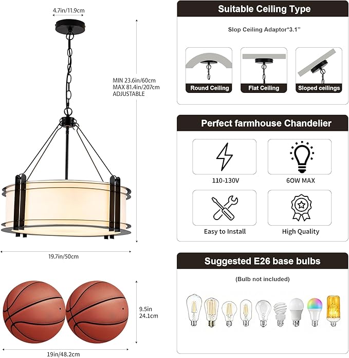 Mayful D20 Modern Farmhouse Chandelier 5-Light Adjustable Pendant Light for Dining Room Light Fixture, Rustic Drum Hanging Chandeliers for Kitchen Island Entryway Foyer Bedroom Living Room,Black