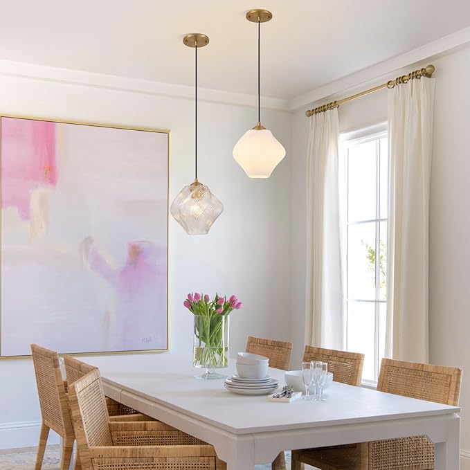 Glass Pendant Light Fixtures, Mid Century Modern Ceiling Hanging Lights with Height Adjustable, Brass Gold Pendant Lighting for Kitchen Island, Hallway, Dining Room, Bedroom (1 Pack)