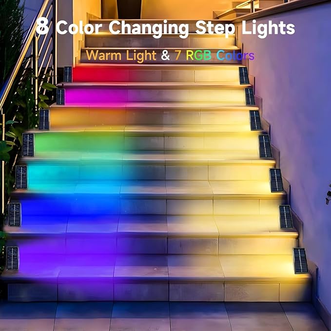 Solar Step Lights, 12 Pack Solar Stair Lights Outdoor Waterproof, Warm White/7 RGB Colors LED Outdoor Deck Light, Outside Light Decor for Garden Stair, Deck, Front Step, Front Porch, and Patio