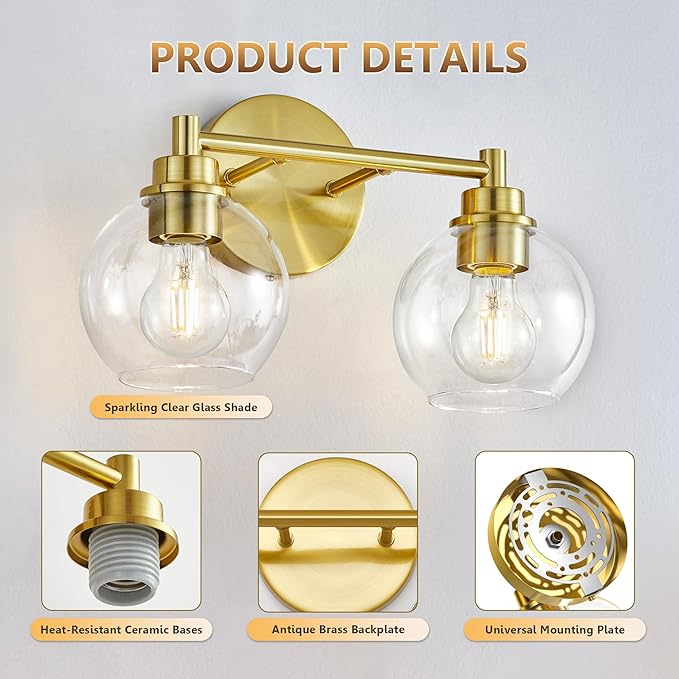 Gold Bathroom Vanity Lights, 2-Light Wall Sconce with Glass Globe Shade, Vanity Lighting for Bathroom/Bedroom/Dressing Room, Vertical/Horizontal Mounted, E26 Bulb Base (Bulb Not Included)