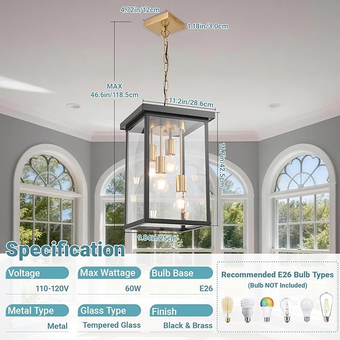 LOUSACE 16.7'' Outdoor Pendant Light for Porch, 4-Light Large Exterior Pendant Porch Lights with Clear Glass, Black & Brushed Brass Outdoor Chandelier Exterior Haninging Light Fixtures for Entrance