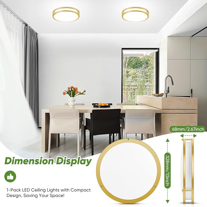 13 Inch LED Flush Mount Ceiling Light, Gold Kitchen Light Fixture with 2700K/3000K/4000K/5000K/6500K 5 Color Adjusted, Dimmable Modern Round LED Light for Bedroom Bathroom Living Room Laundry, 1-Pack