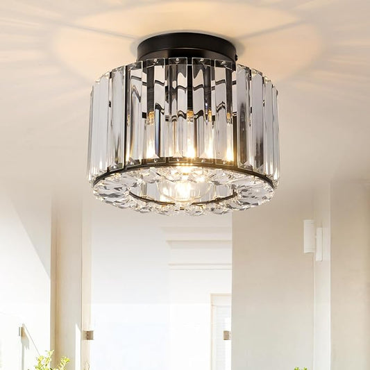 Black Crystal Semi Flush Mount Ceiling Light, Modern Chandelier, 9.06" Diameter, 7.28" Height, Bedroom, Dining Room, Kitchen
