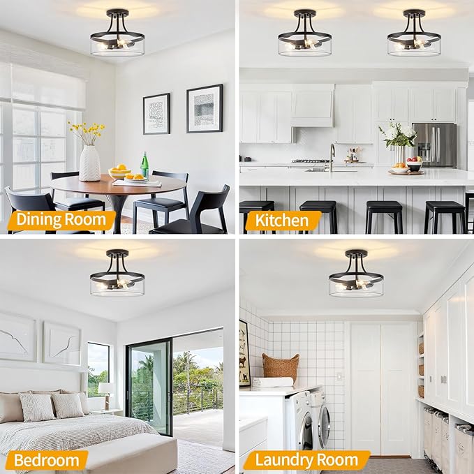 11.81" Black Semi Flush Mount Ceiling Light Modern Glass Light Fixture Industrial Hallway Lights 3-Light Close to Ceiling Light Fixtures for Entryway Bedroom Kitchen Dining Room Laundry Room Lighting