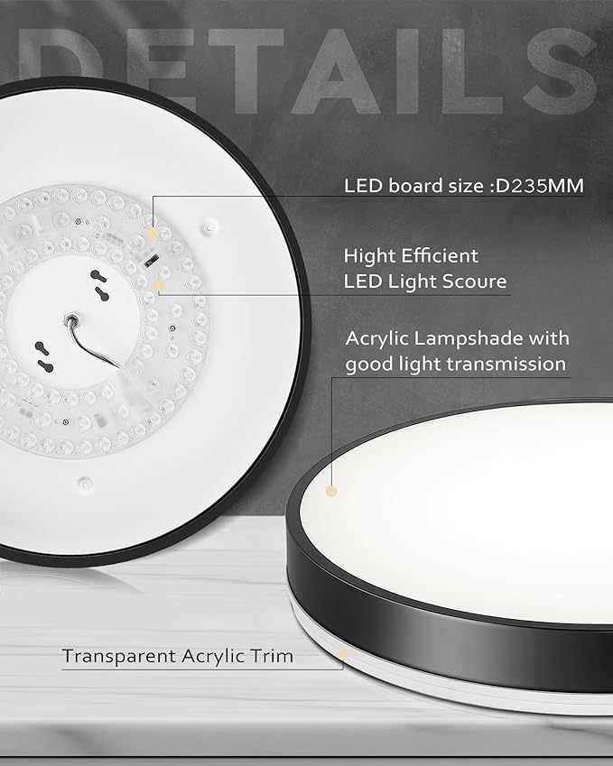 Ken & Ricky Flush Mount Ceiling Light, Dimmable Led Close to Ceiling Light Fixtures for Kitchen Bathroom Bedroom Hallway 5cct (Black, 16 Inch)