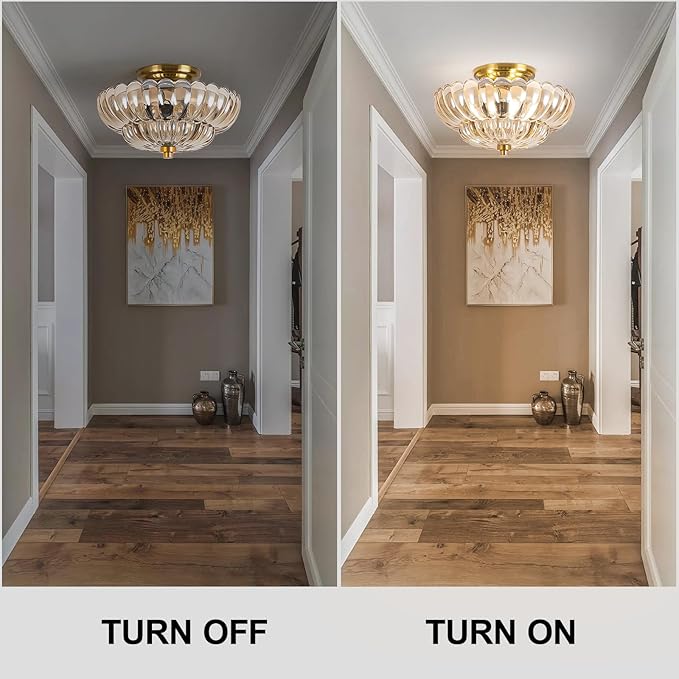 Modern Semi Flush Mount Ceiling Light, Amber Glass Hallway Ceiling Light Fixture, E26 Vintage Gold Close to Ceiling Light Fixture for Kitchen, Living Room, Porch, Entryway