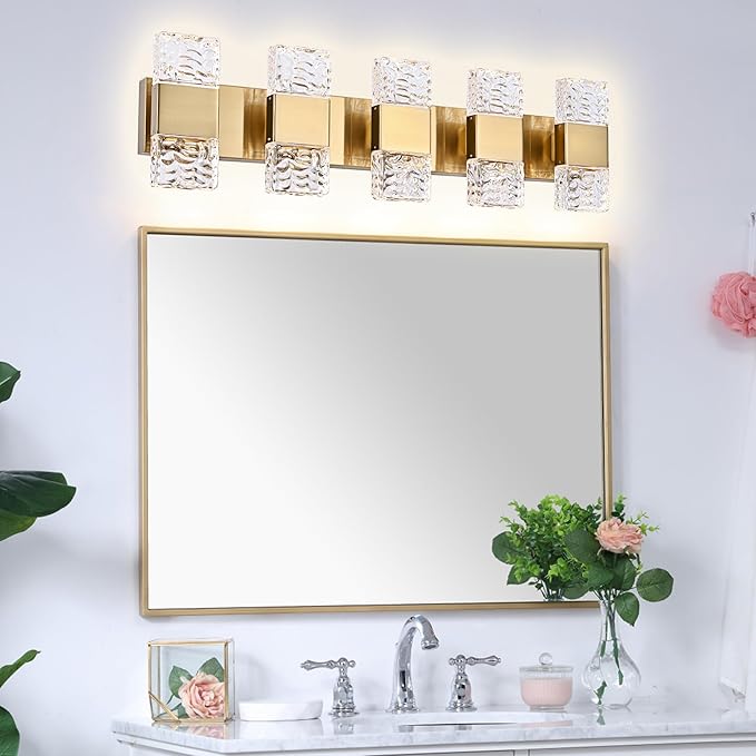 MELUCEE 5 Lights Brass Crystal Vanity Light Bar LED Bathroom Lights Over Mirror Wall Mount, 30.3-Inch 40W LED Modern Vanity Lighting Fixtures for Bath Restroom Powder Room, 3000K Warm Lighting