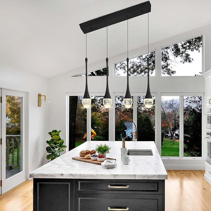 ykolupty Dining Room Light Fixture 4-Light Black Kitchen Island Lighting Industrial Linear Crystal Chandeliers for Dining Room Pendant Light Fixture for Living Room Hallway Bedroom