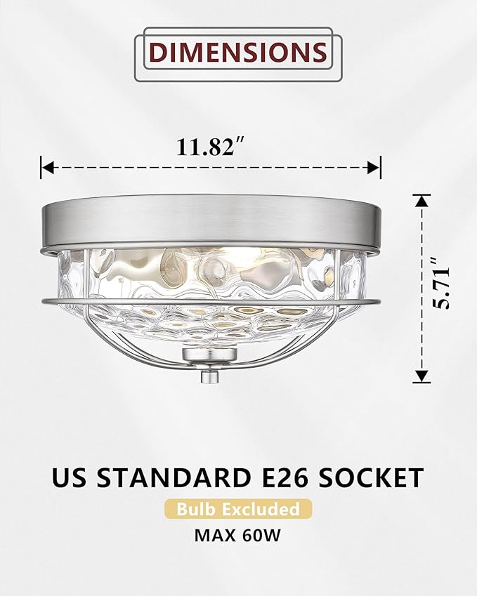 Modern Flush Mount Ceiling Light, HWH 2-Light 12 Inch Brushed Nickel Close to Ceiling Light Fixtures with Water Ripple Hammered Glass for Kitchen Bedroom Foyer, 5HTJ7WG-F BN