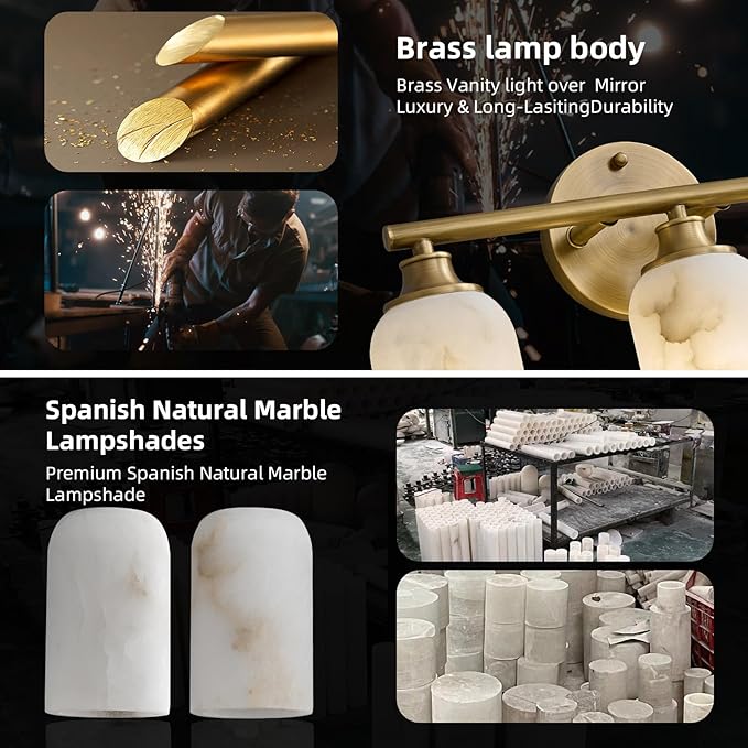 3-Light Brass Bathroom Vanity Light, 16.9 Inch Wall Sconce with Natural Marble Shades, 3-Color LED Bulbs Included, E26 Hardwired for Mirror
