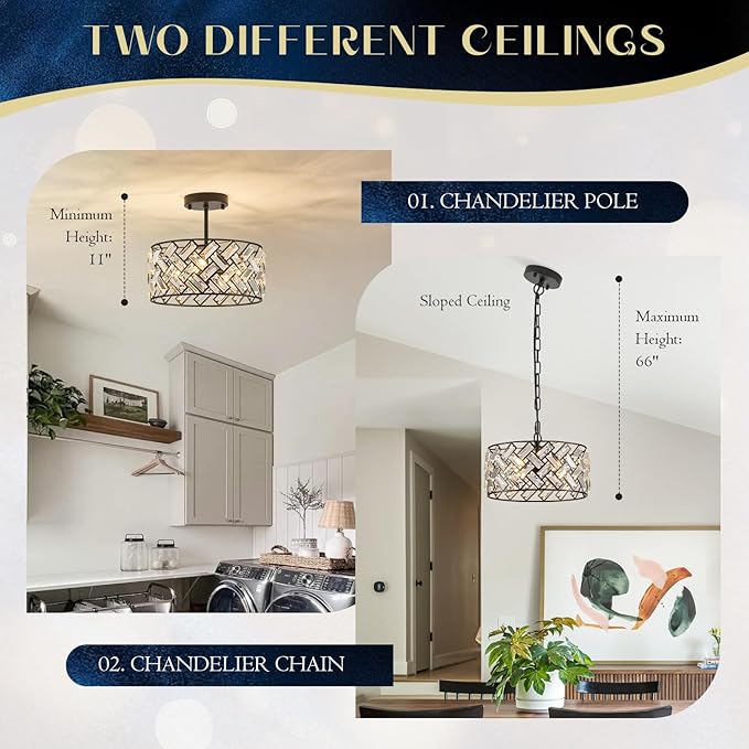Black Crystal Pendant Light Farmhouse 4-Light, 12" Round Modern Semi Flush Mount Chandelier Ceiling Light for Kitchen Island, Dining Room, Bedroom, Hallway, Foyer