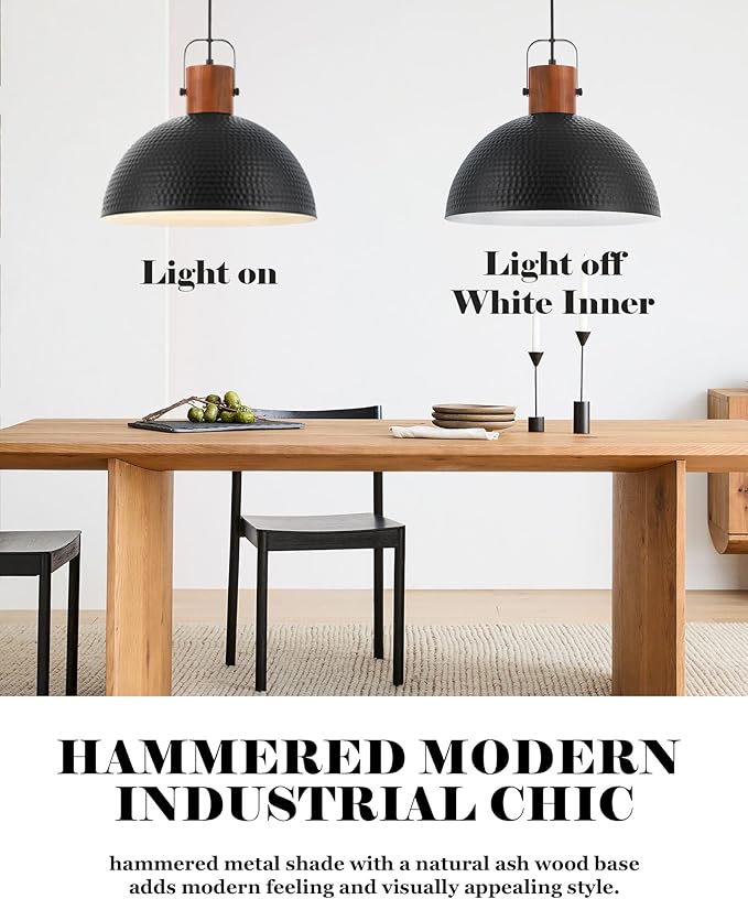 ELYONA 16 Inch Ash Wood Hammered Pendant Light Fixtures, Large Metal Dome Ceiling Hanging Lamp, Industrial Chandelier for Kitchen Island, Bar, Farmhouse, Dining Table, Hallway, Modern Black