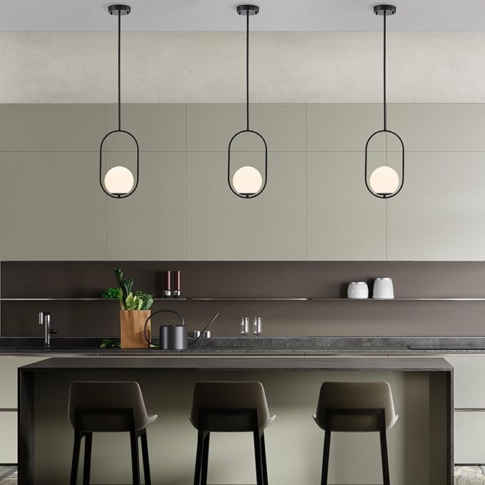 Matte Black Globe Pendant Light – 5.9" Glass Shade Mid Century Modern Hanging Light Fixture, Hardwired Ceiling Pendant for Kitchen Island, Hallway, Entryway, Bathroom, Closet