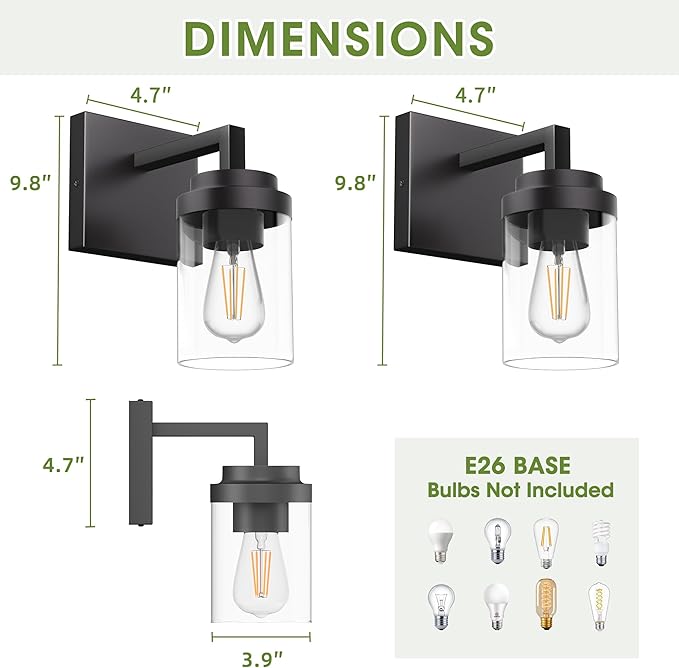 Espird Matte Black Wall Lights, Set of 2 Wall Sconce with Clear Glass Shade, Farmhouse Sconce Lights, Wall Mount Lamp for Bedroom Mirror Living Room