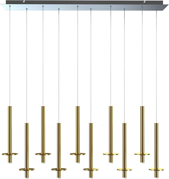 Draco 10 Pendant Lighting Brass – LED Hanging Light Fixture for Kitchen Island, Bar, Foyer – Equilateral Cluster of Mini Metal Rod Pipe Tube Cylinders – Dimmable, Adjustable Wire, Lamp Bulb Included