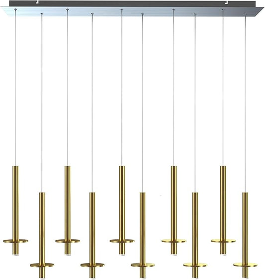 Draco 10 Pendant Lighting Brass – LED Hanging Light Fixture for Kitchen Island, Bar, Foyer – Equilateral Cluster of Mini Metal Rod Pipe Tube Cylinders – Dimmable, Adjustable Wire, Lamp Bulb Included
