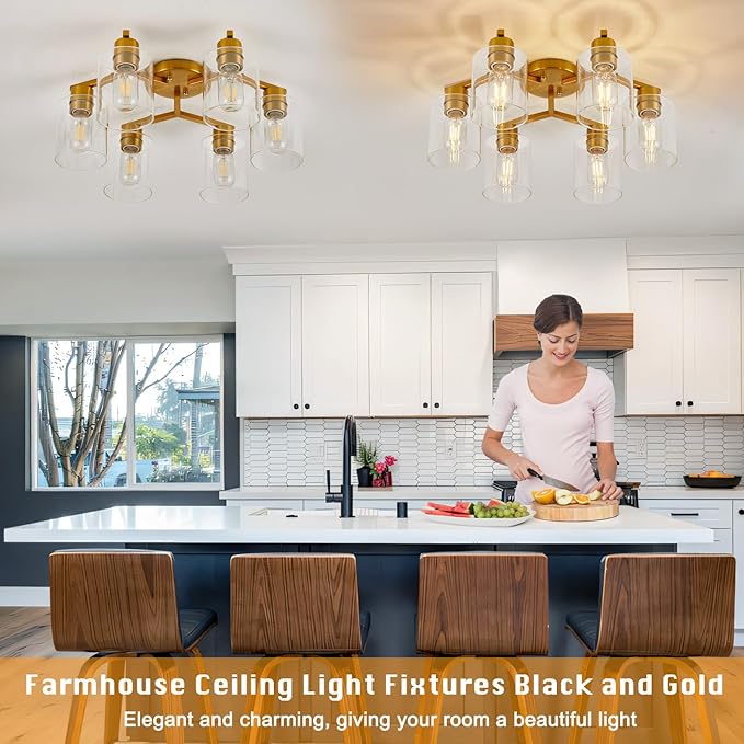 YYT Gold Ceiling Light Fixture Mid-Century Kitchen Ceiling Light Fixtures Modern Gold Semi Flush Mount Light 6-Light Fixtures for Dining Room Brass Cieling Lights with Glass Shade
