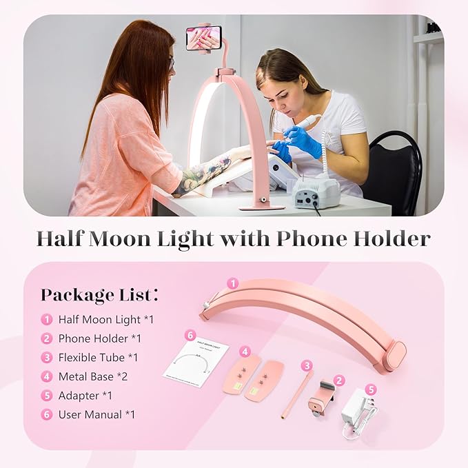 Yokilly Half Moon Light for Nail Desk: 29" Foldable Half Moon Nail Desk Lamp with Phone Holder for Beginner - Arch Tech Light with 3 Color Modes & 10 Brightness for Manicure Salon (Pink)