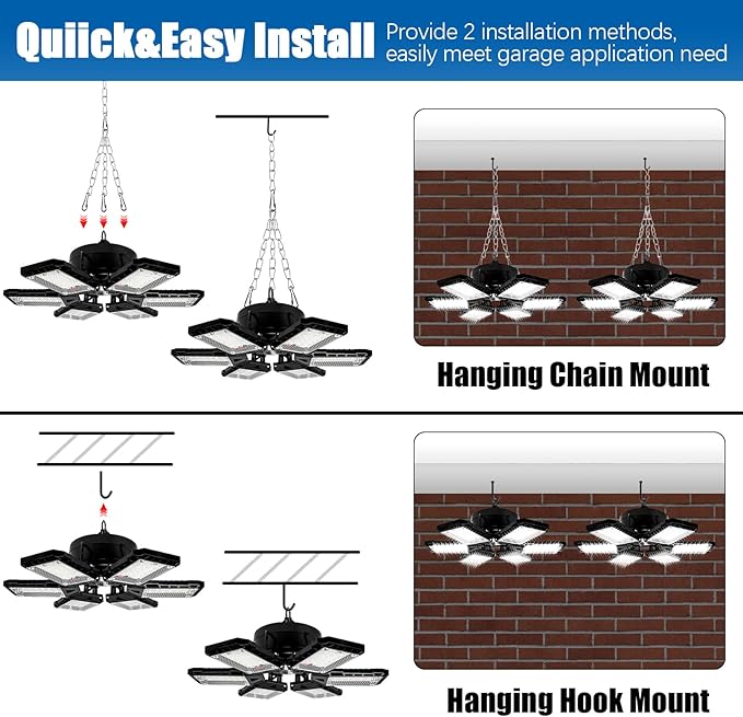 LED Garage Lights 4 Pack -180W, 18000LM 6500K Led Shop Light with 6+1 Deformable Panels, Basement Barn Light Garages Ceiling Lights, E26/E27 for Garage, Warehouse, Shop, Basement