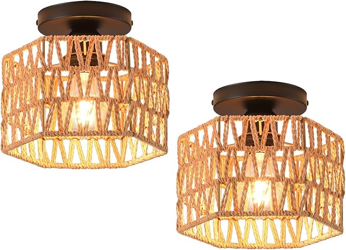 Hand-Woven Rattan Flush Mount Ceiling Light,Farmhouse Light Fixtures Ceiling Mount Boho for Hallway Bedroom Kitchen Entryway Living Room