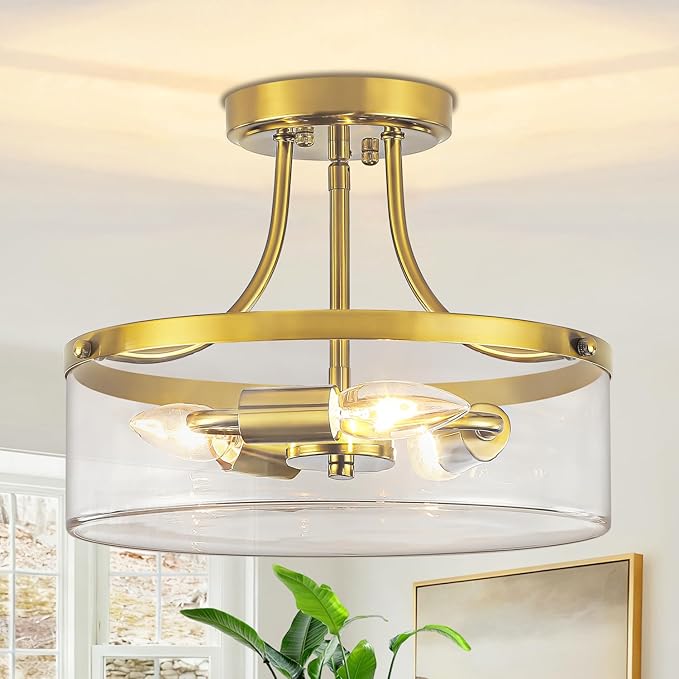 Brushed Gold Semi Flush Mount Ceiling Light, 11.81" Kitchen Lighting Fixtures Ceiling with Glass Shade, 3-Light Modern Hallway Light Fixtures for Entryway Bedroom Bathroom Foyer Laundry Dining Room