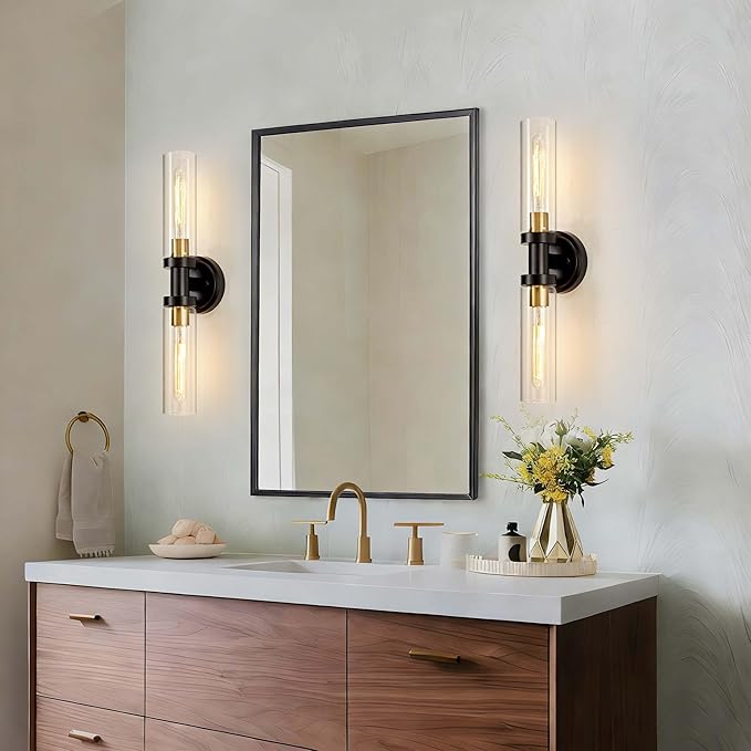 SANTOSTOCK Hardwired Wall Sconces Set of 2, Bathroom Sconces Vanity Light Fixture with Clear Glass, Black and Gold Farmhouse Wall Lights for Bathroom Mirror Living Room Hallway Kitchen