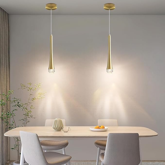 2 Pack Modern Gold LED Pendant Light, Kitchen Island Ceiling Hanging Lights, Teardrop Bubble Crystal, 3 Color 2700K/4500K/6500K, Bedside Small Chandelier Lamps for Bar, Dining Room, Hallway, Foyer