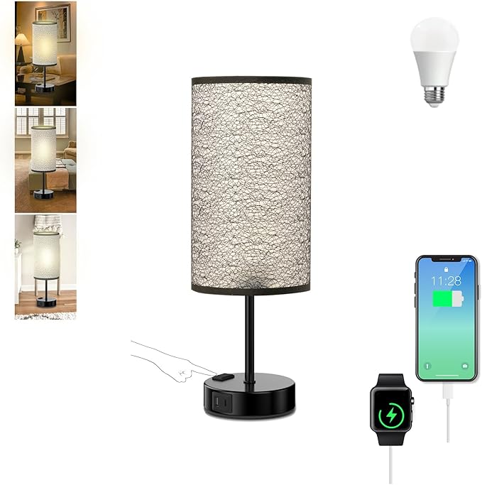 YIDPU Table Lamp for Bedroom with Touch Control,Bedside Lamp with USB C+A Charging Ports& AC Outlets, Adjustable 3color LED Light for Home Decor/Nightstand/Bedroom/Office,Included Bulb
