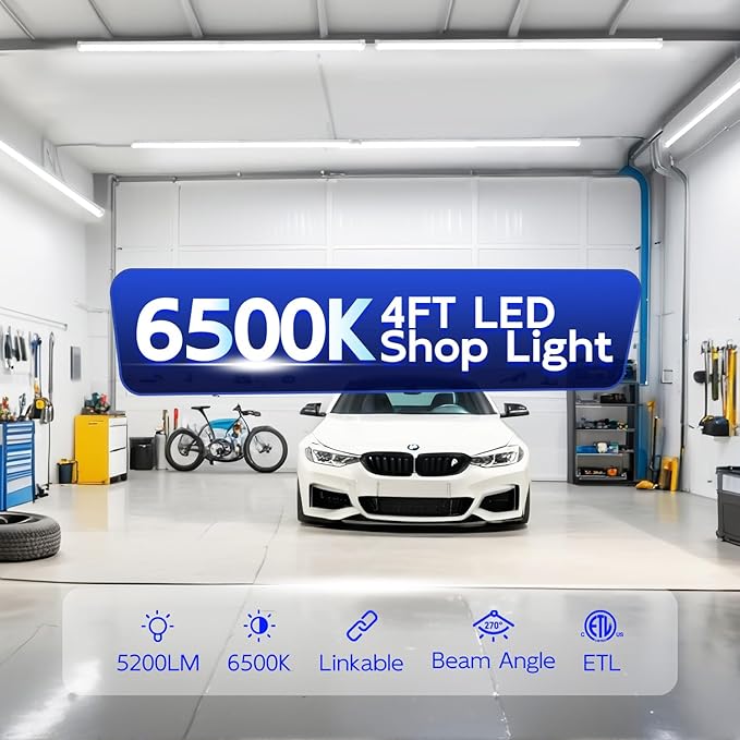hykolity 40W 4FT LED Shop Light, 5200lm 6500K Super Bright White, Linkable Ceiling Light Fixture, V Shape Integrated T8 LED Tube Light with Built-in ON/Off Switch for Workbench, Cabinet, ETL, 4 Pack