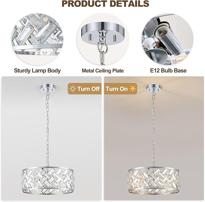Chrome Crystal Chandelier, 4-Light Morden Dining Room Light Fixture,15.16" Round Semi Flush Mount Chandeliers for Kitchen Foryer Entryway Hallway Living Room Bedroom (ETL Listed)