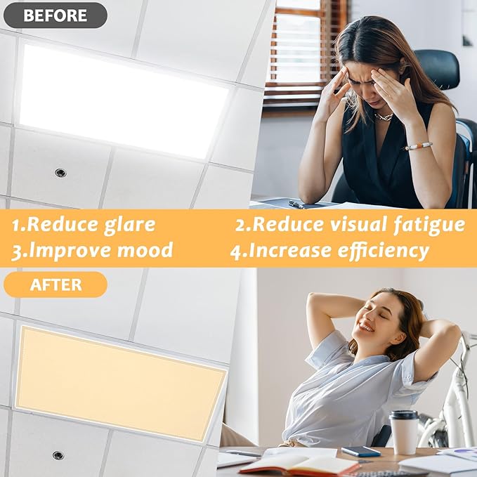 QOUBAI 6 Pcs Fluorescent Light Covers,4 x 2 Ft Magnetic Light Filters Fluorescent Lights Shade Easy Install for Classroom Office Library Hospital Home Ceiling Yellow