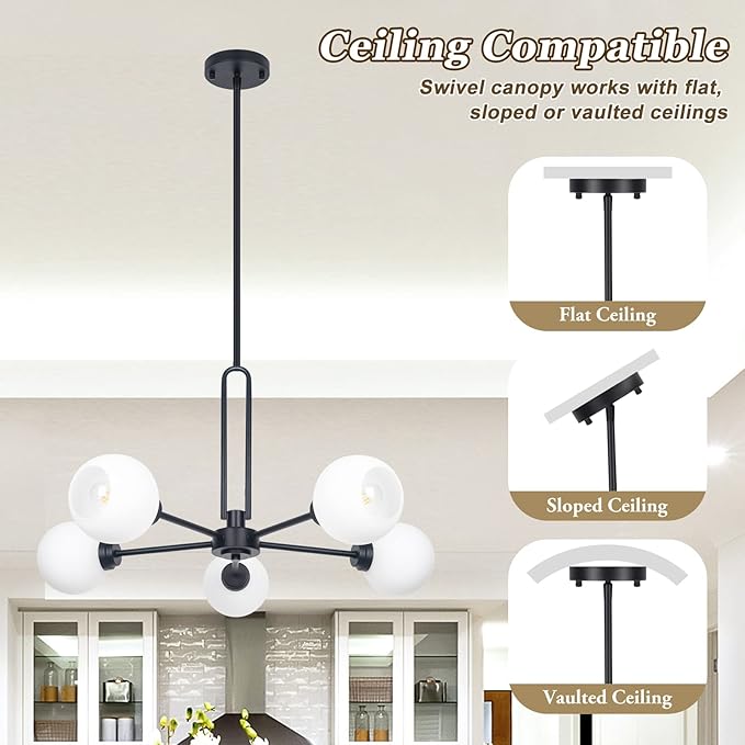 Modern 5-Light Globe Sputnik Chandelier - Large Semi-Flush Dining Room Light, Black Glass Pendant for Kitchen, Living Room, Bedroom, Farmhouse