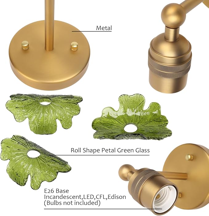 Pathson Vintage Wall Sconce Green Flower Glass, Hardwired Bathroom Sconce Boho Brass Wall Vanity Light for Living Room, Kitchen Sink, Bedroom, Farmhouse Lamp
