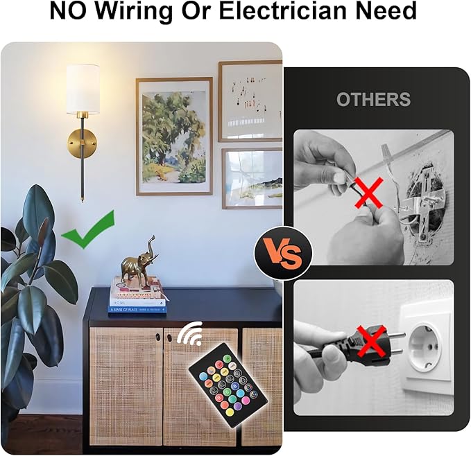 Battery Operated Wall Sconce Set of Two, Wireless Rechargeable Wall Light With Remote Control, Dimmable, 4 Color Temperatures, RGB, Timer, for Living Room,Bedroom,Entryway, Black Gold, 20.6 Inch