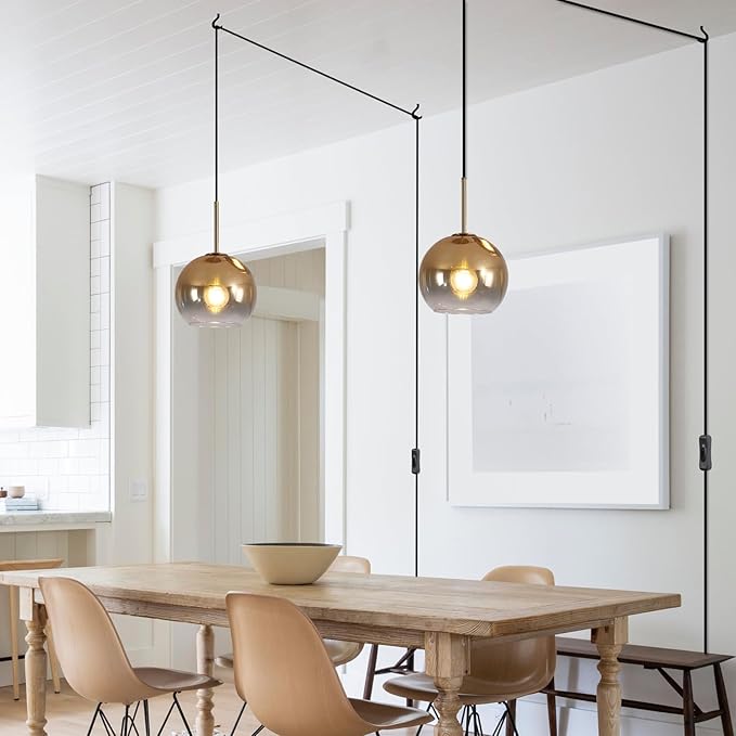 KCO Lighting Mid Century Modern Plug in Pendant Light Gold Glass Globe Pendant Lighting with Adjustable Cord Large Hanging Light Fixture with Plug in Cord for Kitchen Island Dining Room (25cm)