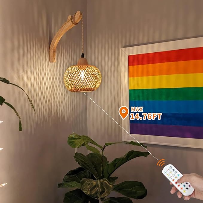 Frideko Boho Rechargeable Battery Operated Wall Sconces Set of Two with Remote, RGB 15 Colors Dimmable Wireless Wall Light, Bamboo Indoor Wall Lamp with 3 Timer, Rattan Wall Lighting for Bedroom
